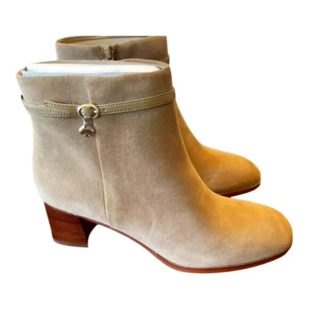 Kate Spade Suede Ankle Boots Tan Brown Block Heel Buckle Charm Booties 10 new‎